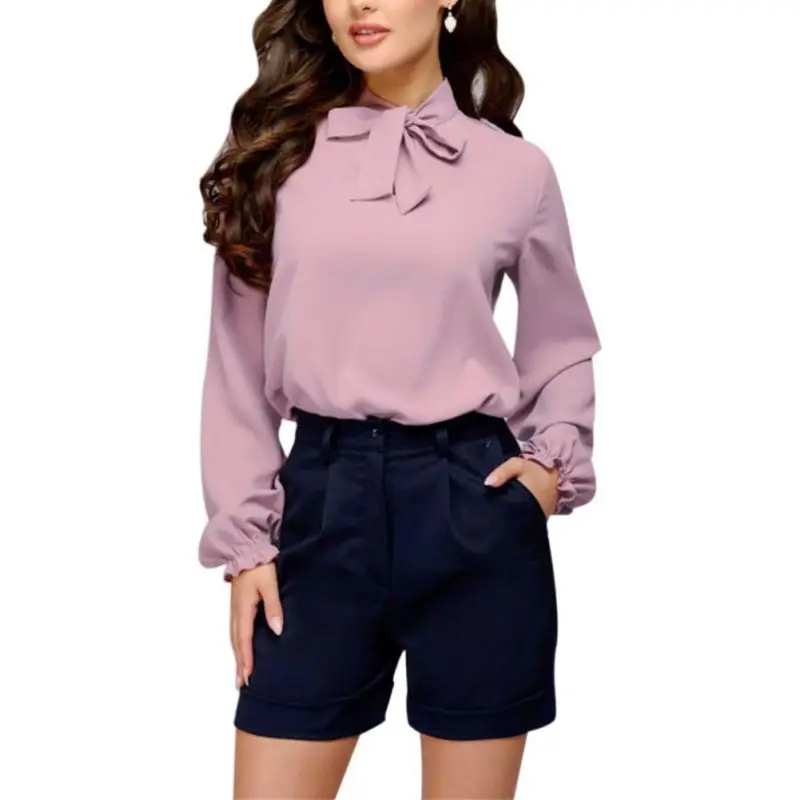 N элегантные офисные женские топы и блузки на шнуровке с бантом воротником