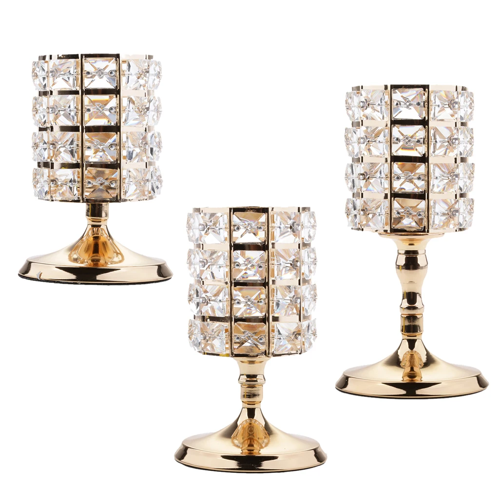 3 Pieces Home Decorative Crystal Votive Candle Holder Zinc Alloy Stands Candlestick Wedding Centerpieces Decor Ornaments