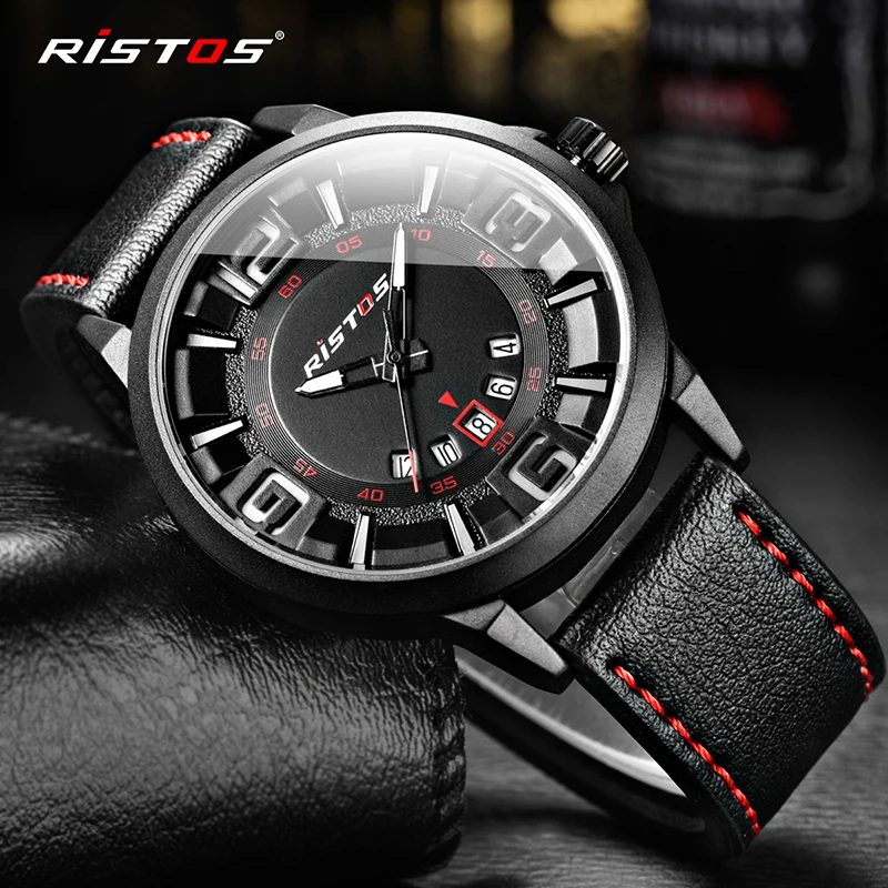 RISTOS Masculino хронограф световой Мужские часы кожа Элитный бренд военные Наручные