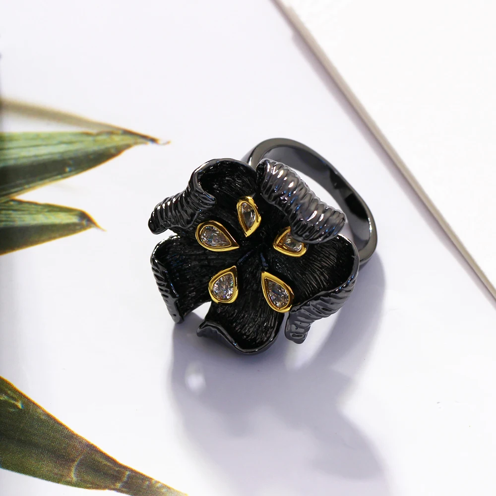 Цветок Черное кольцо ювелирные изделия Анель aneis anillos bague femme женские модные ювелирные изделия винтажные Женские коктейльные кольца