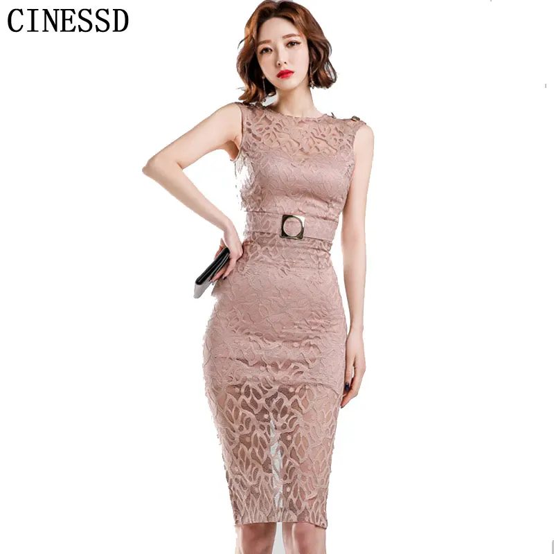 Женское кружевное платье CINESSD однотонное до колена без рукавов с круглым вырезом