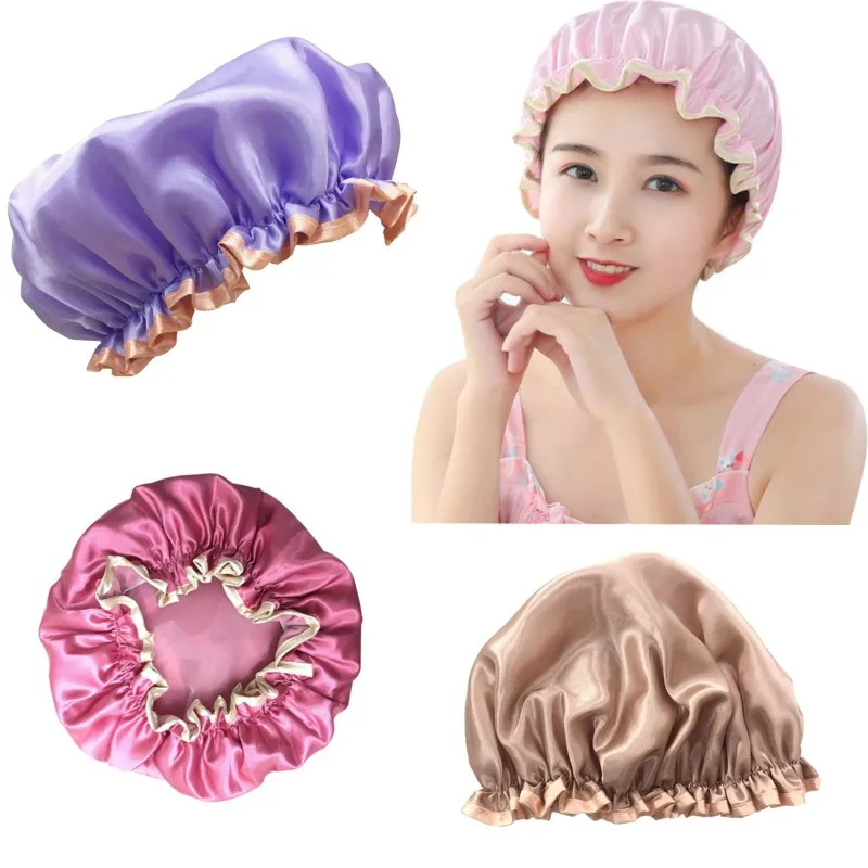 Толстые Для женщин будущей матери Satin Шапки красочные шапочки для ванной, душа волосяной покров двойные непромокаемые купальные Кепки