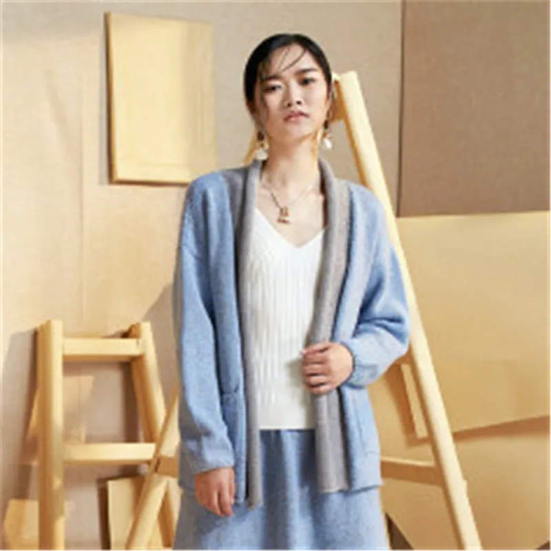 

new fashion 100%hand made pure wool Vneck knit women solid loose H-straight cardigan sweater one&over size
