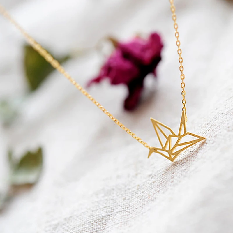Origami Crane Pendant Necklace Gold-color Charm for Women Fashion Jewelry Wholesale Thanksgiving gifts | Украшения и аксессуары