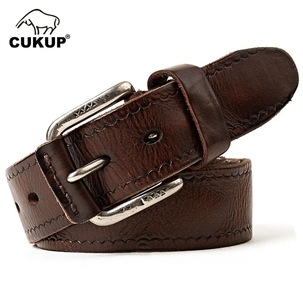 CUKUP Top Quality Cow Skin Genuine Leather Belts Alloy Clasp Buckle Metal Belt Retro Style Jeans Accessories for Men NCK287