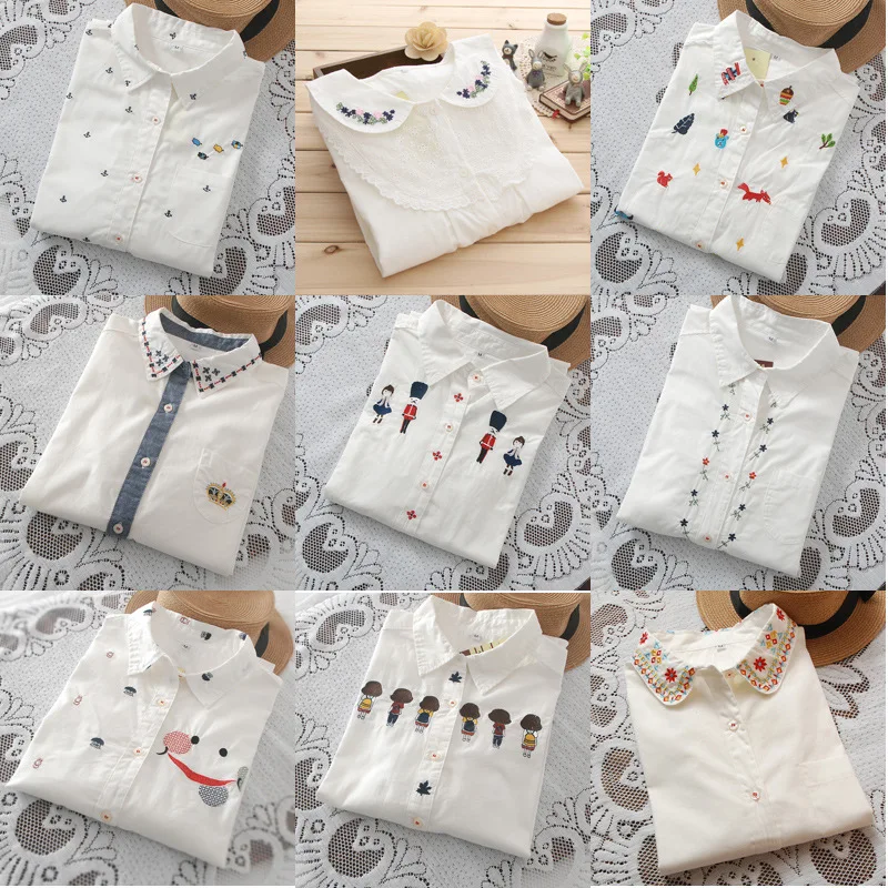 Новинка 2019 Модная белая хлопковая рубашка с длинным рукавом и вышитым воротником