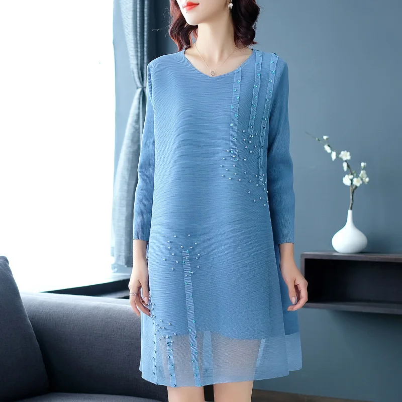 

Plus Size Dress Women Fashion Mesh Beading Loose A Line Miyake Pleats Elegant Mini Dress hot sale For women's weight 45 -80kg