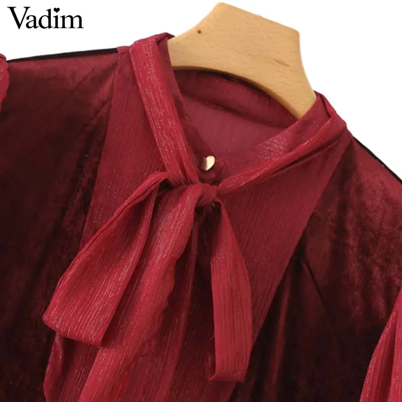 CUERLY women red velvet midi dress bow tie collar long sleeve pleated female casual chic mid calf dresses vestidos | Женская одежда