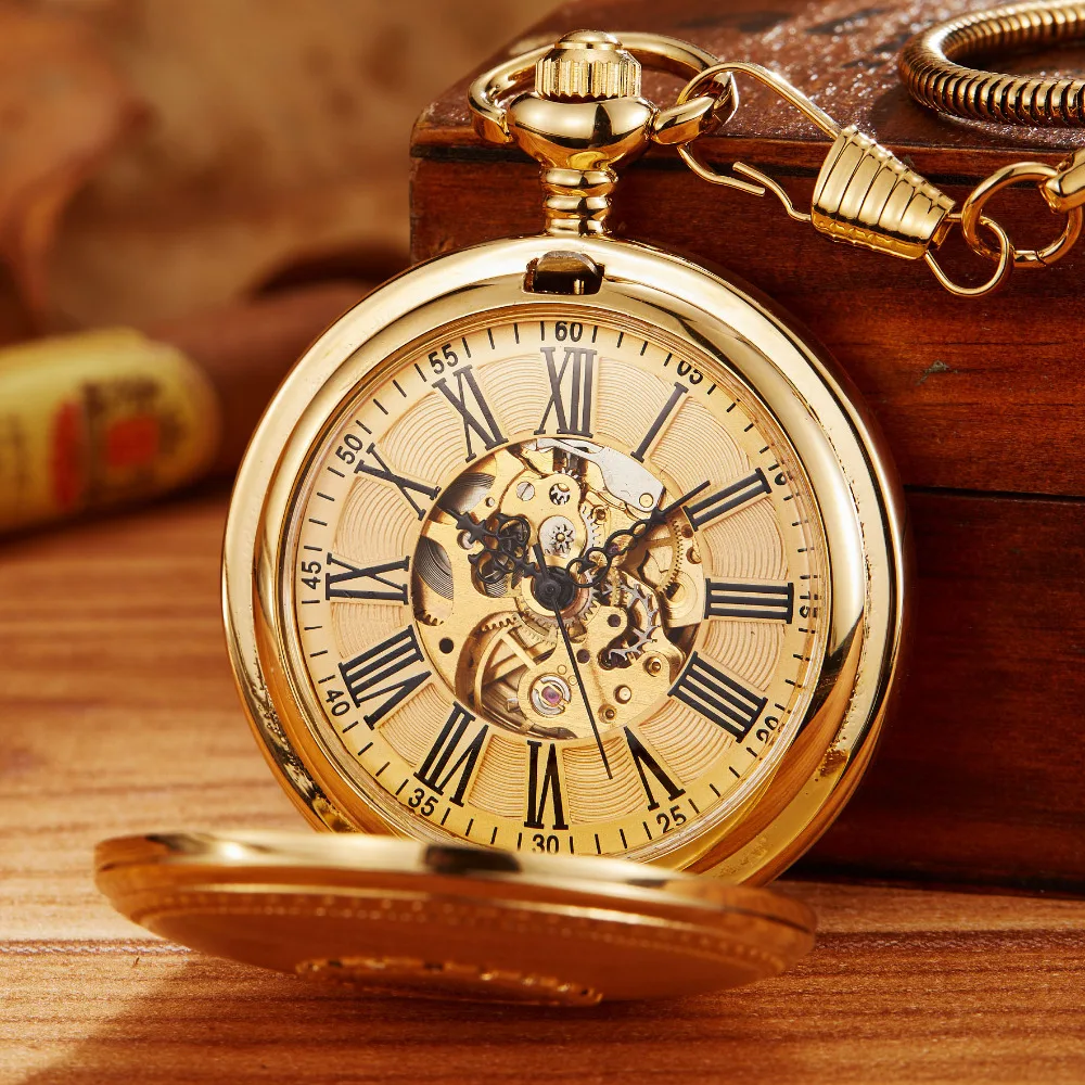 Vintage Copper Material Top Brand Skeleton Mechanical Pocket Watch Mens Fob Chain Golden Automatic Sculpture Women Men Watch Gif