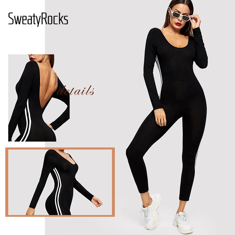 SweatyRocks, полосатый комбинезон с боковым швом и открытой спиной, комбинезон для активного отдыха, макси-комбинезон, весна, Женский обтягивающий комбинезон для фитнеса