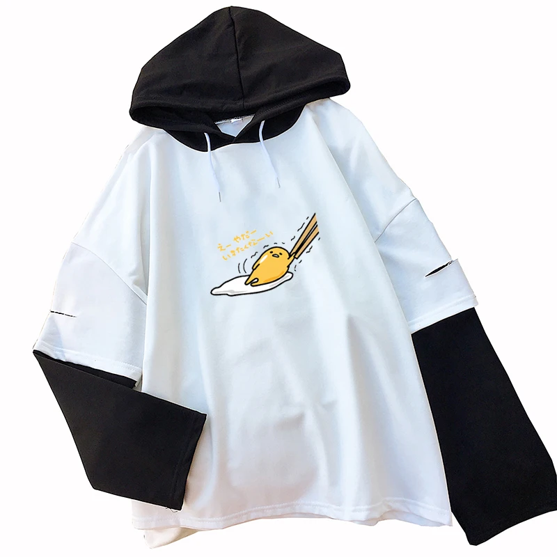 Осень сплайсинга футболка женская мода милый Gudetama печатных с длинным рукавом футболки Befree реглан Harajuku Kawaii мультфильм с капюшоном Топ