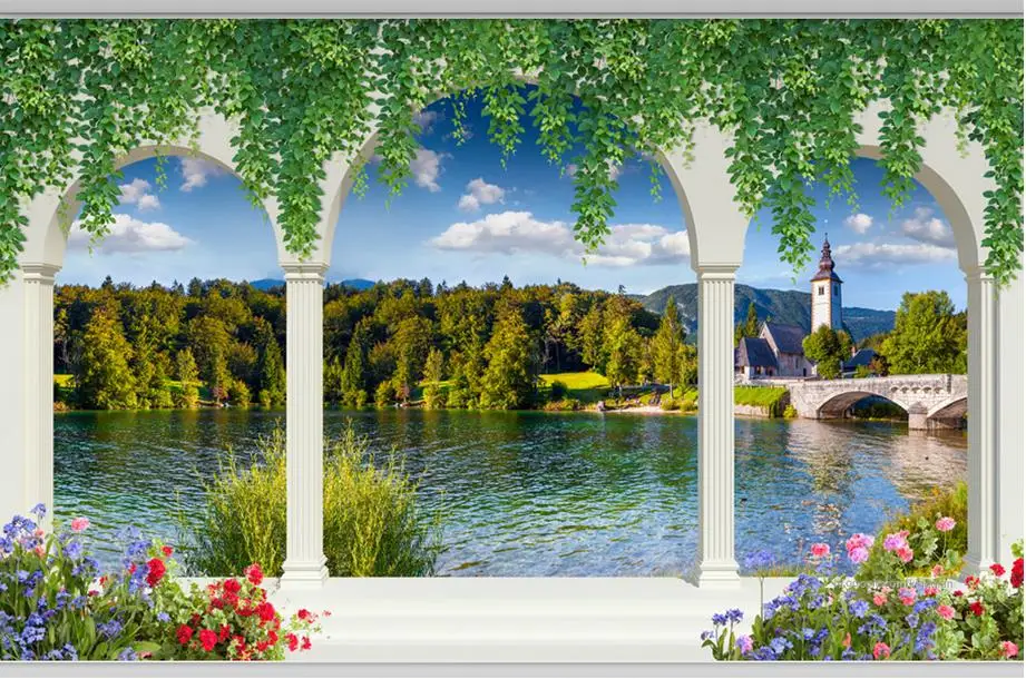 Пользовательские 3d стереоскопические фотообои римские колонны озеро пейзаж