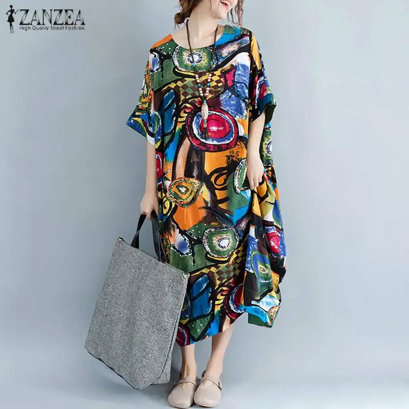 Модное разноцветное платье макси с принтом, женское льняное платье, ZANZEA, винтажное летнее платье с рукавами, сарафан размера плюс, женское платье