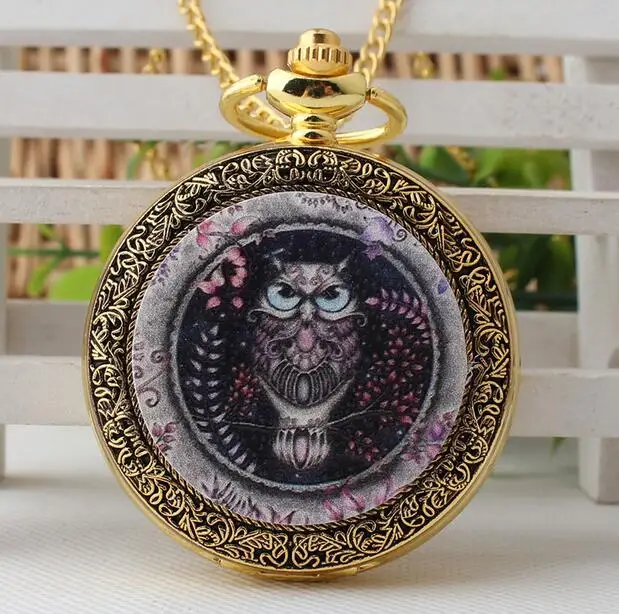 

high quality vintage classic new golden colorful enamel owl pocket watch women necklace with chain free shipping P31