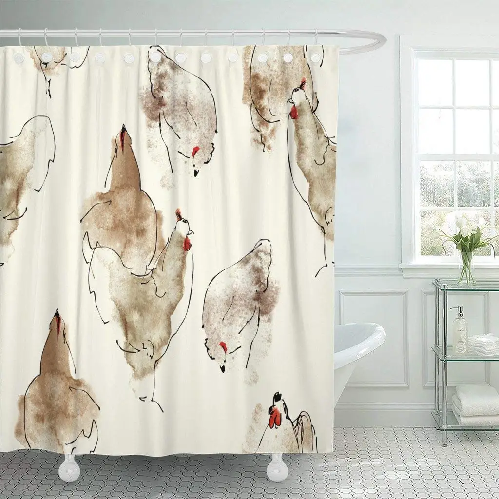 Занавеска для душа с крючками Бежевый Абстрактный куриный коричневый акцент