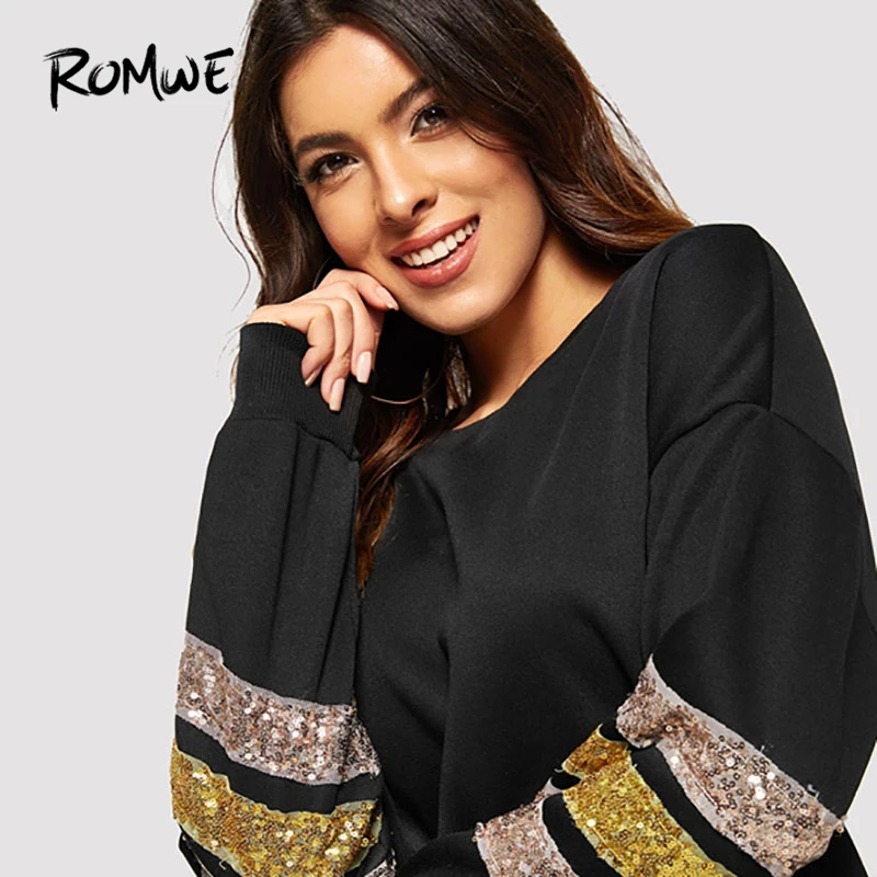 ROMWE черная толстовка с контрастными пайетками, платья, женская одежда, повседневная Осенняя коллекция, модное платье до колен с длинным рукавом и круглым вырезом