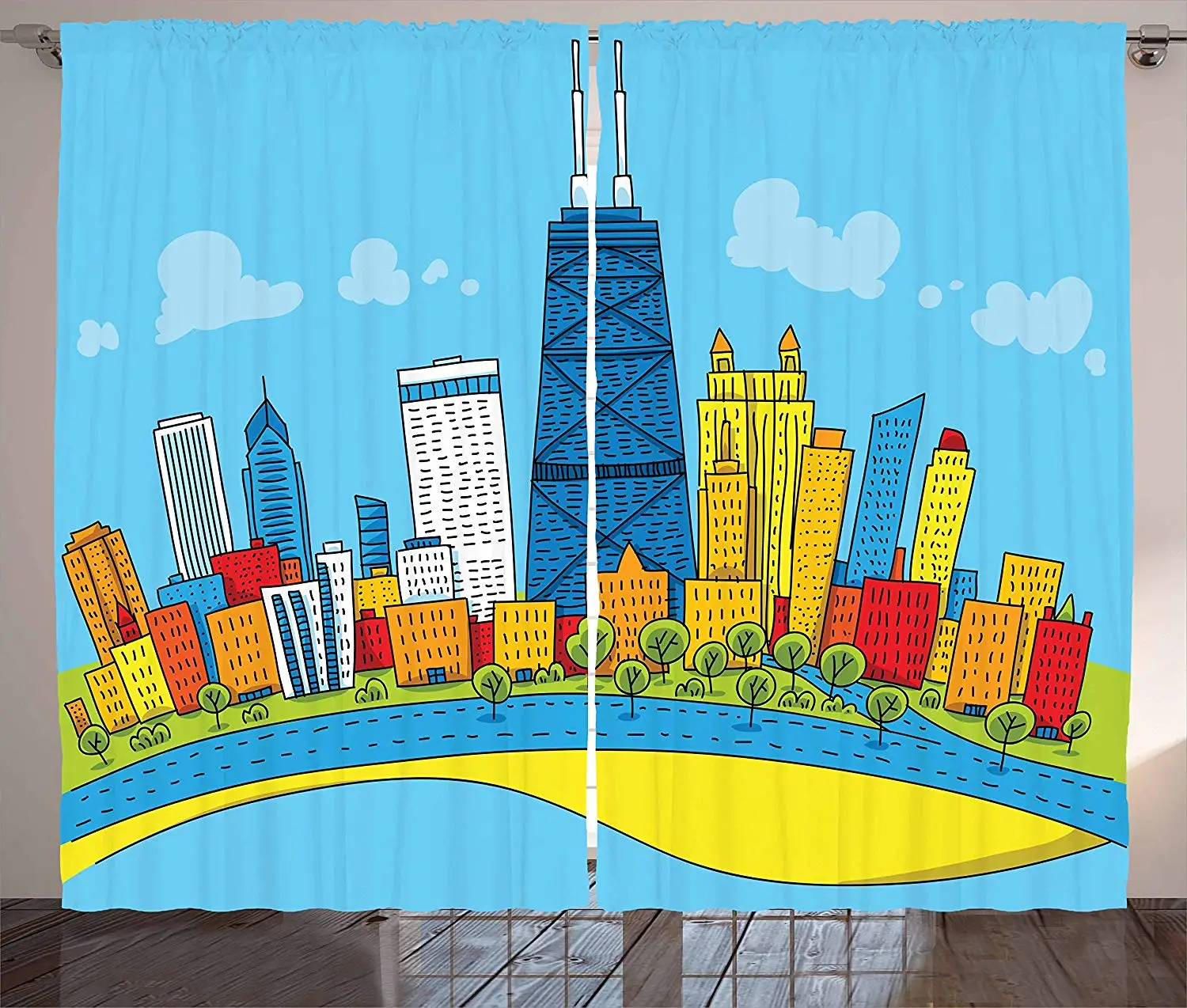 Chicago Skyline шторы милый мультяшный стиль детский вид на город с красочными зданиями