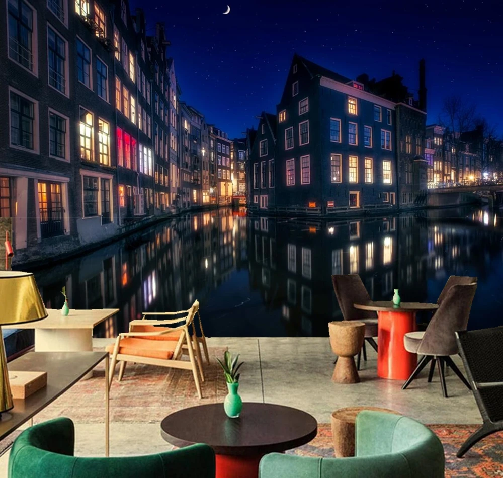 3d обои papel de parede Amsterdam House river city building Настенные для гостиной телевизора дивана