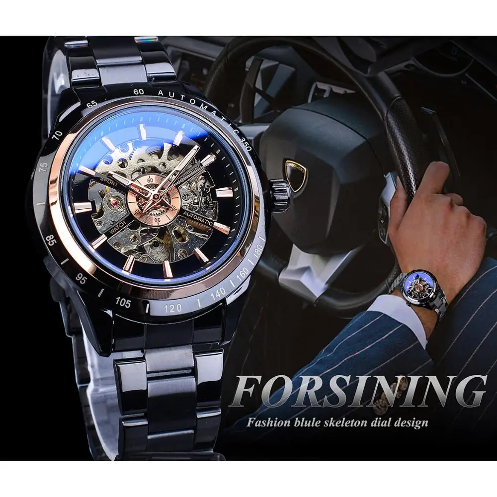Мужские автоматические часы Forsining модные Механические Прозрачные с черным