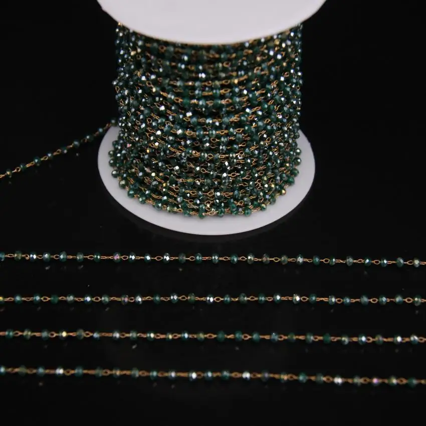 

2x3mm Rainbow Titanium Dark Green Glass Crystal Bead Copper Chain,Faceted Rondelle LInk Brass Wire Wrapped Rosary Chain
