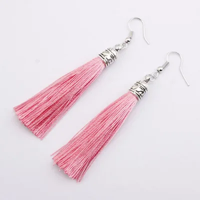 Ancient silver pink Винтажные этнические длинные висячие серьги с кисточками для женщин, женские модные богемные серьги из белого и красного шелка, индийские ювелирные изделия - Окраска металла: Ancient silver pink