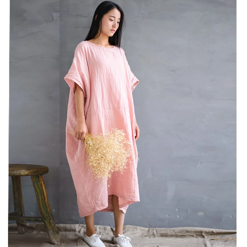 SCUWLINEN 2020 Spring Summer Dress Vintage Long Plus Size Batwing Sleeve Cotton Female Solid Casual Loose Robe W07 | Женская одежда