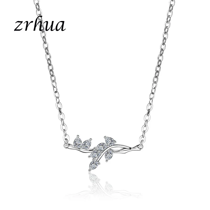 

ZRHUA 925 Sterling Silver Jewelry Simple Hot Fashion Zircon AAA+ Stone Leaf Chain Necklace kolye collares bijoux femme Bijoux