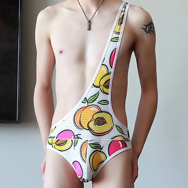Peach Мужские сетчатые боди, нижнее белье, дышащее с принтом, модное мужское сексуальное экзотическое нижнее белье, сексуальный мужской комбинезон, эротическое боди для геев - Цвет: Peach