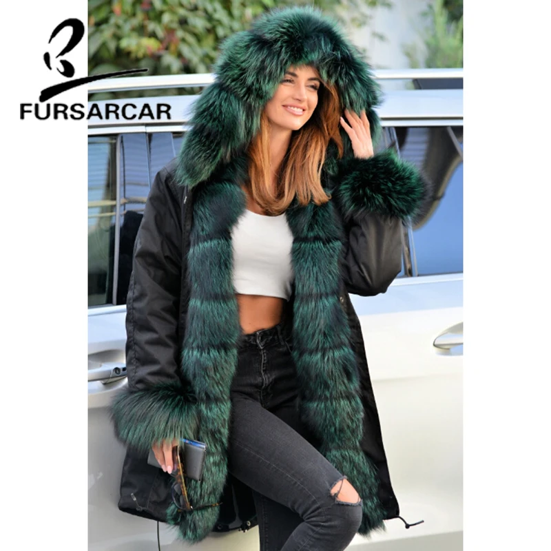 FURSARCAR/зимнее пальто из натурального меха женская черная парка с толстым