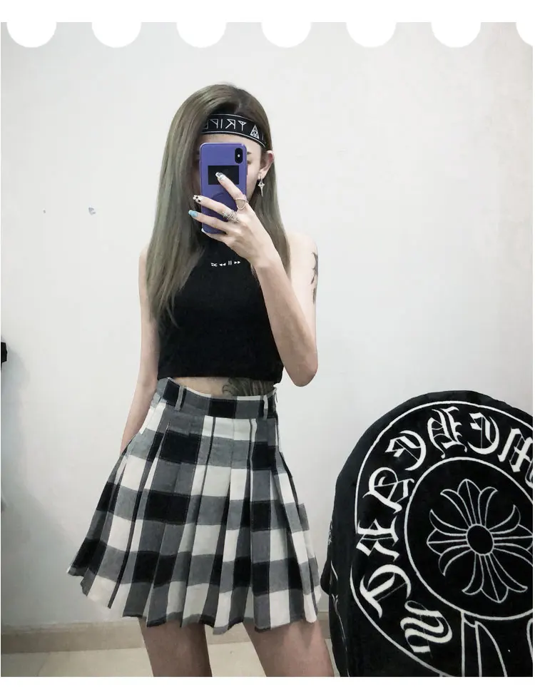 2019 весна лето Харадзюку панк с высокой талией черно белая и красная клетчатая