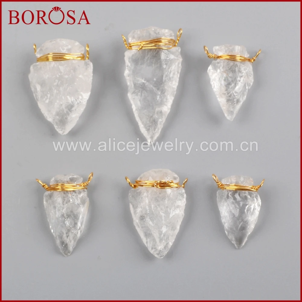BOROSA 10/20pcs Gold Wire Wrap White Quartz Arrowhead Connectors Drusy Pendant Natural Jewelry for Necklace G1646 | Украшения и