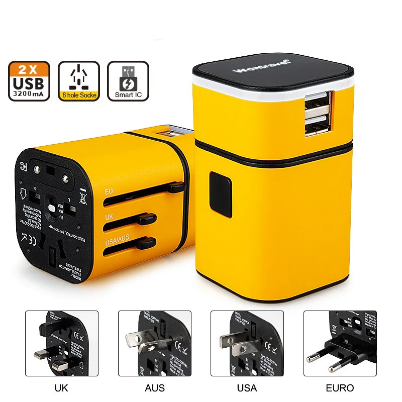 Универсальный переходник с международной вилкой 2 USB-порта зарядное устройство