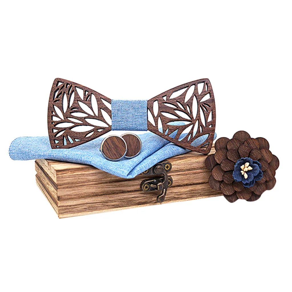 Wooden Bow Tie Handkerchief Set Men's Plaid Bowtie Wood Hollow carved cut out Floral design And Box Novelty ties Bowtie