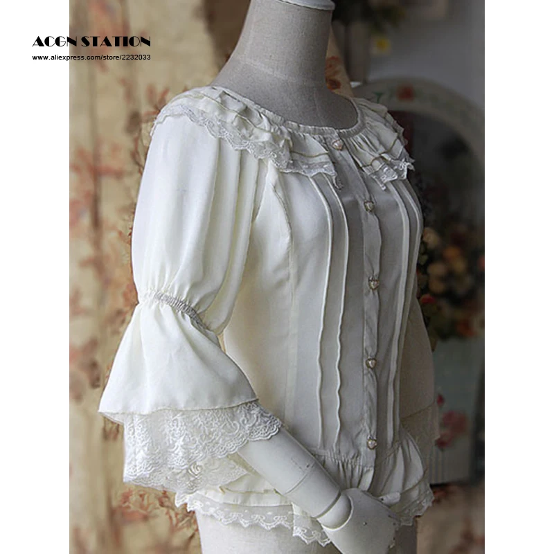 Бесплатная доставка белая шифоновая блузка в стиле &quotЛолита&quot бежевого цвета с