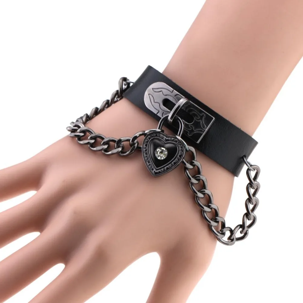 Панк готика Стразы Сердце шипы цепи кожаные манжетные браслеты Pulseira Masculina ювелирные изделия Шарм Bileklik Pulseiras