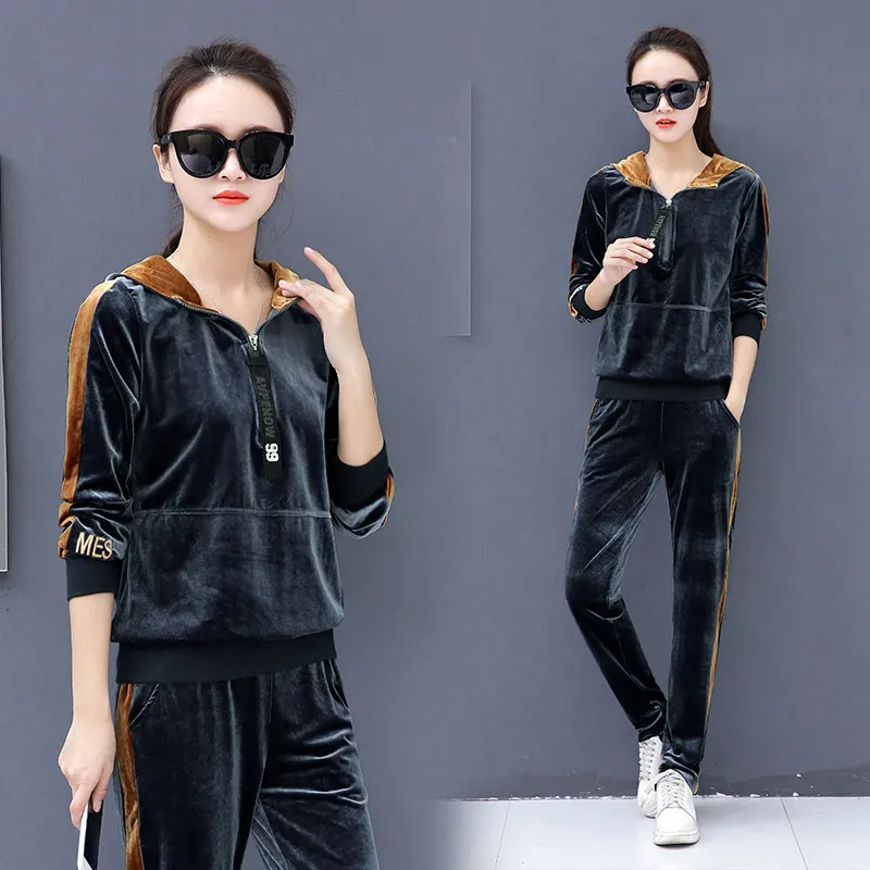 dark gray Золотой Бархатный спортивный костюм женский комплект из двух предметов топ и штаны Повседневный модный спортивный костюм с длинным рукавом женская одежда с капюшоном - Цвет: dark gray