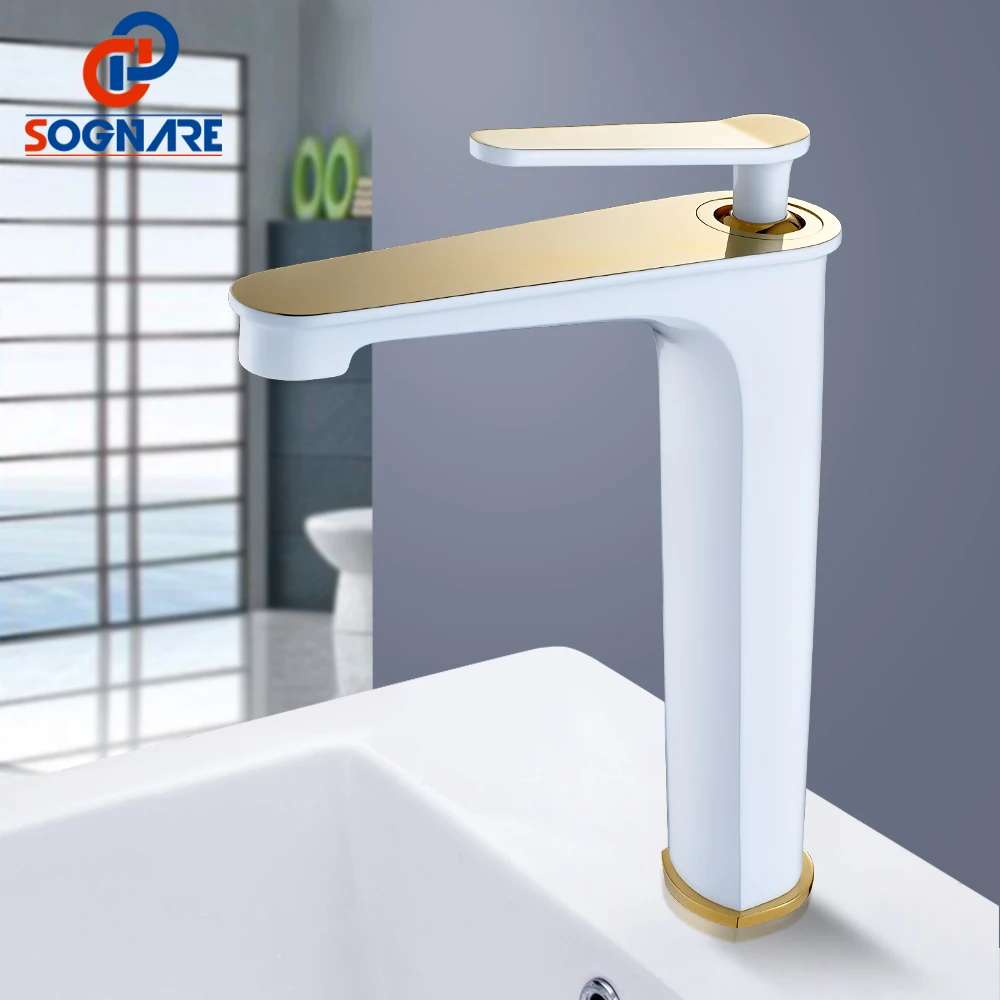 

SOGNARE Supper High Quality Tall Sink Faucet Bathroom Basin Faucets White & Golden Single Lever Mixer Tap Hot and Cold Water Tap