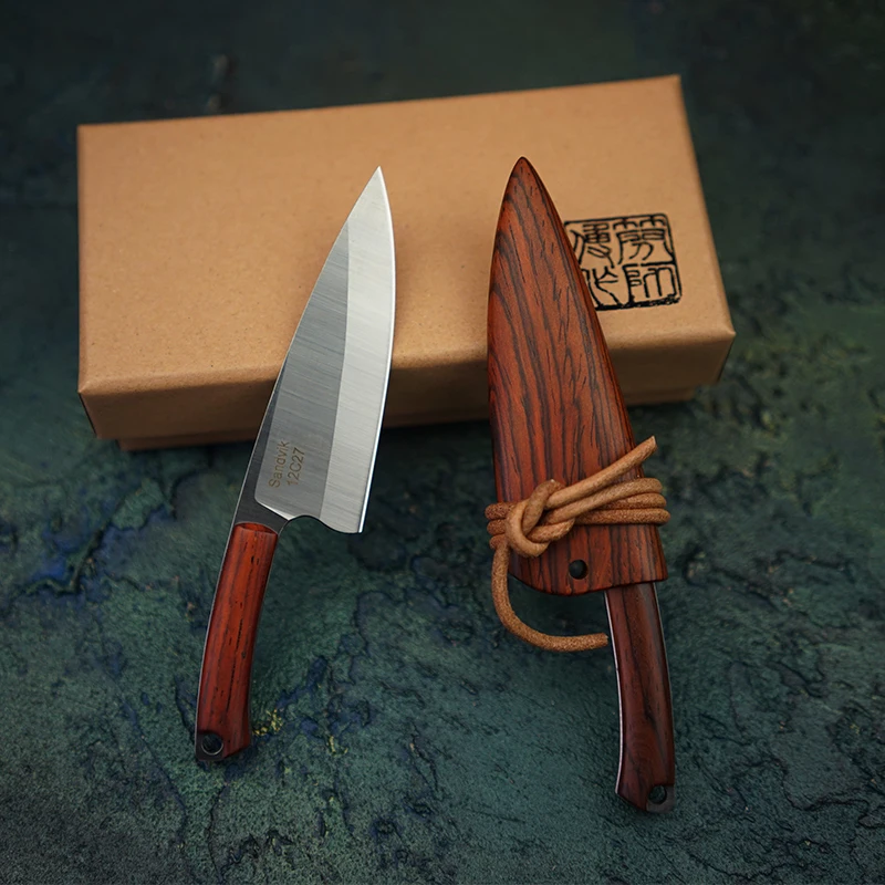 12C27N Steel Handwork Mini Gyuto Full Tang Fixed Blade Knife Outdoor Camping EDC Tools Paring Knives with Wooden Scabbard | Инструменты