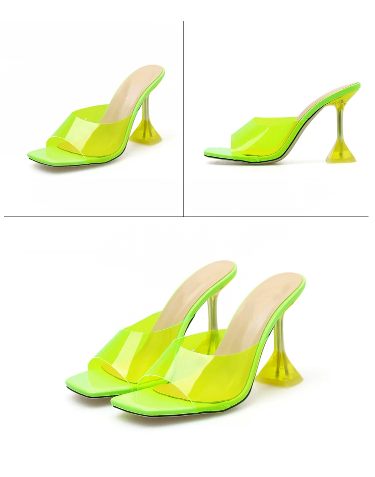 Aneikeh New PVC Transparent Women Slippers Open Toe Thin High Heel Women's Shoes Square Toe Silver Fluorescent Yellow 35-40