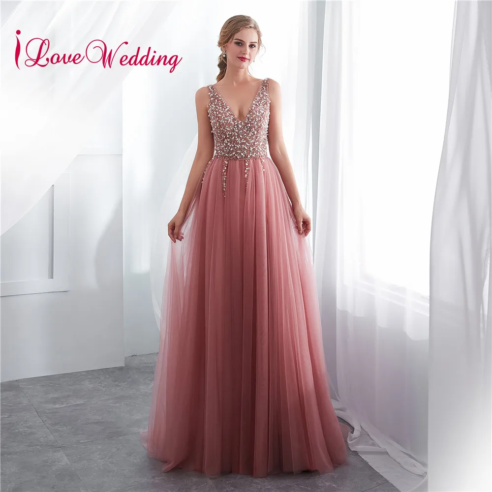 ILoveWedding/длинное вечернее платье с треугольным вырезом и бусинами|Вечерние платья|