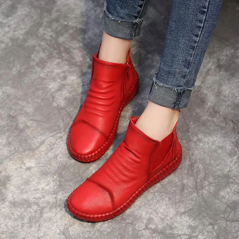 Женские ботинки из натуральной кожи; коллекция года; сезон весна-осень; Модные ботильоны со складками; теплые мягкие уличные повседневные туфли на плоской подошве; женская обувь; k313