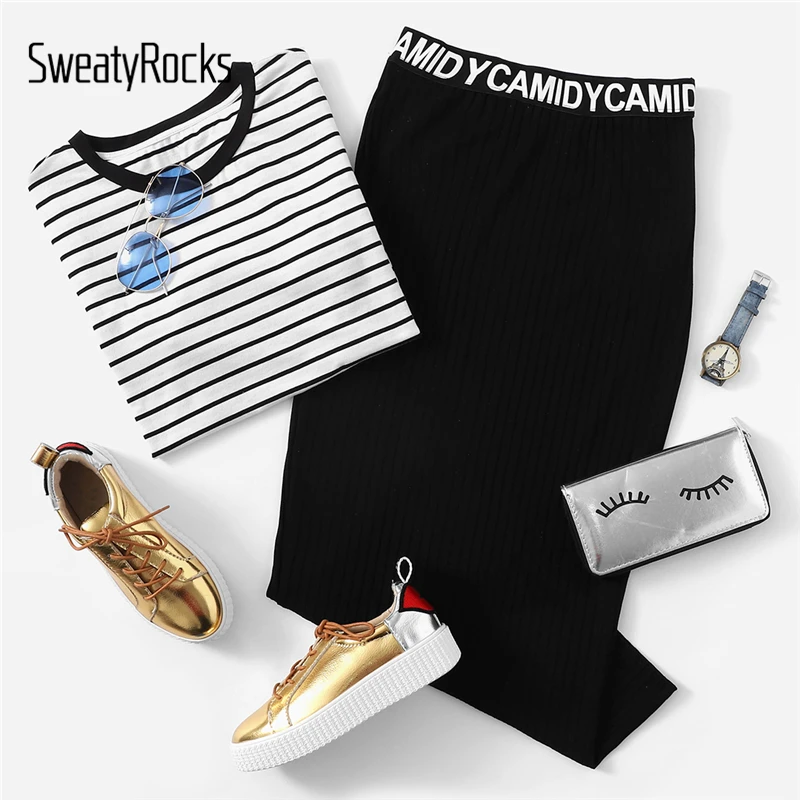 SweatyRocks облегающая юбка в рубчик с буквенным принтом на талии, Обтягивающие юбки весна-лето, женские повседневные Облегающие юбки