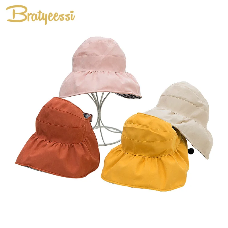 Summer Baby Hat for Girls Double-sided Beach Visor Cap Kids Sun Hats Cotton Wide Brim Children with Wind Rope | Детская одежда и