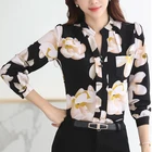 Женская шифоновая блузка с цветочным принтом, длинным рукавом и V-образным вырезом