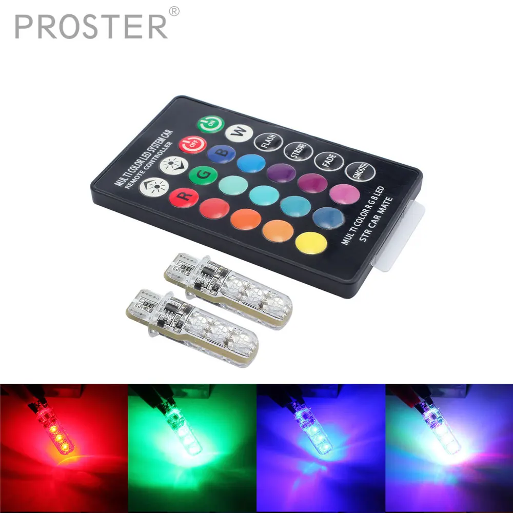 Proster 2pcs T10 DC 12V Led RGB Light Bulbs With Remote Control SMD 5050 For Auto Car Wedge Side 7 Color LED Lamp | Лампы и освещение