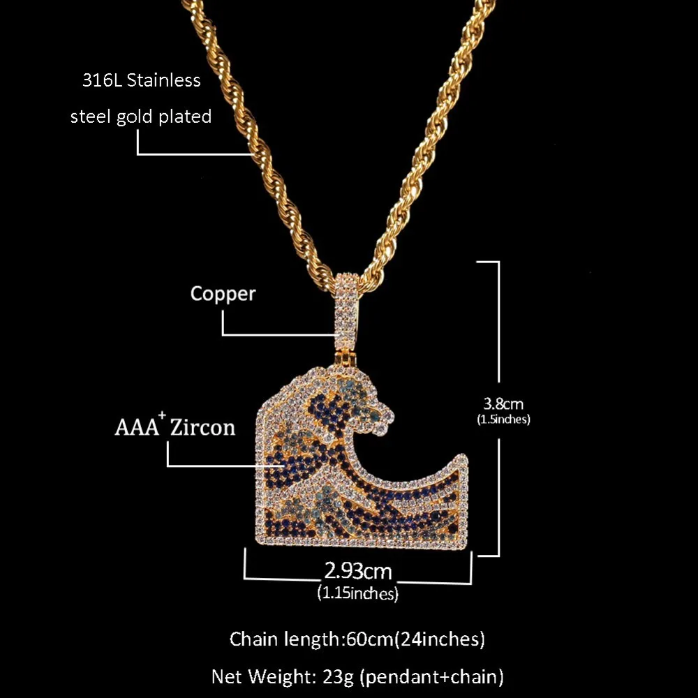 UWIN морская волна Cz кулон Буле камень полный Iced Out Bling микро проложенный медный