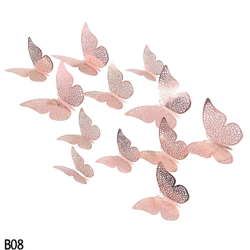B08 12 шт., 3D Наклейка на стену с бабочкой, 3 размера, серебристые, золотые, полые бумажные наклейки, вечерние, свадебные, подвесные, декоративные наклейки, товары для дома - Цвет: B08