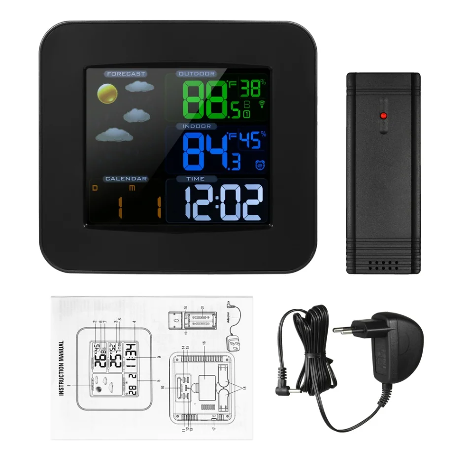 EU Plug Multifunctional Wifi Color Weather Station Temperature Humidity Meter Barometer Digital Time Calendar Display Snooze Function - Цвет: EU Plug