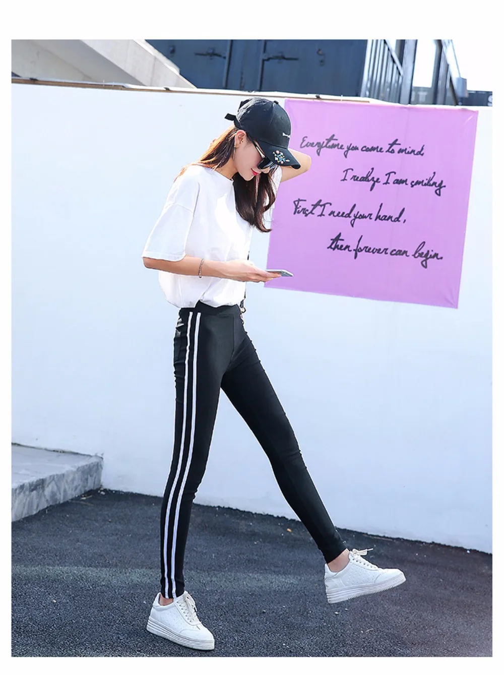 

2020 High waist Pants Trousers the side white strip of elastic Women Drawstring Waist Skinny Pants black Ribbed Knit Sweatpants