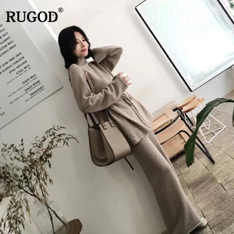 RUGOD осенне-зимний свитер брюки костюмы для женщин теплый свитер с высоким воротом и широкие брюки трикотажные брюки комплект спортивные костюмы Верхняя одежда